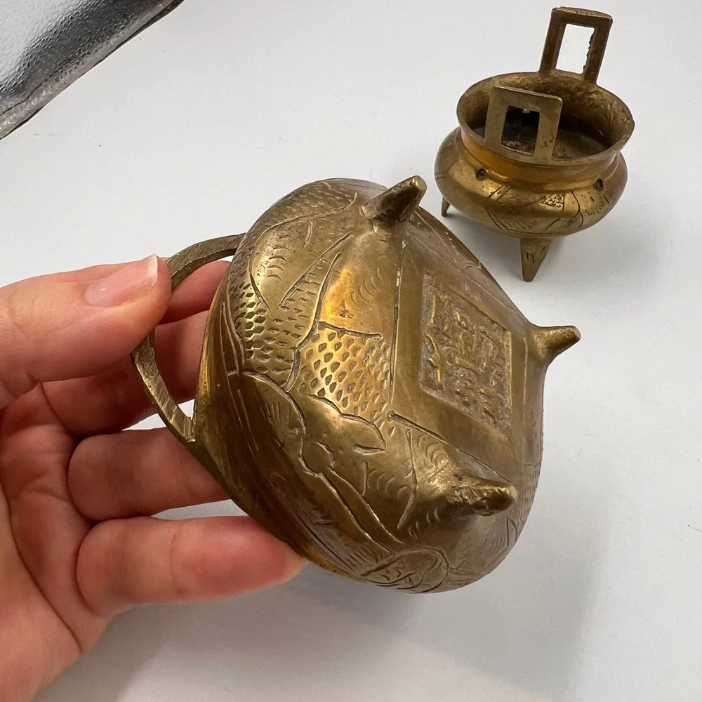 Vintage Chinese Cast‎ Brass Miniature Incense Burners Censer Pair Tripod Handled